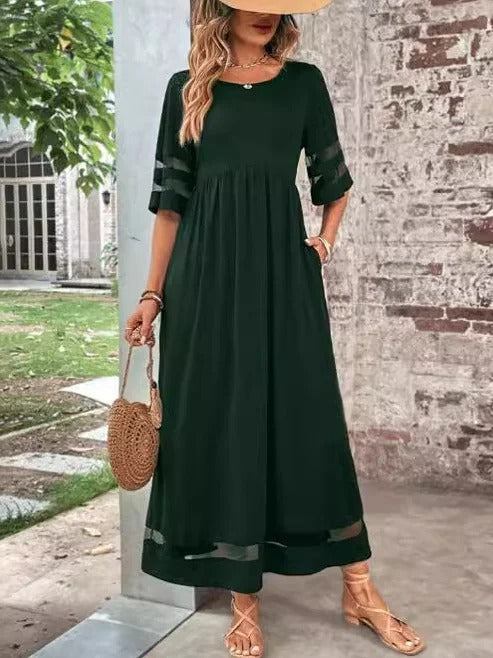 Vestido casual largo liso con cuello redondo y manga corta — foto 3
