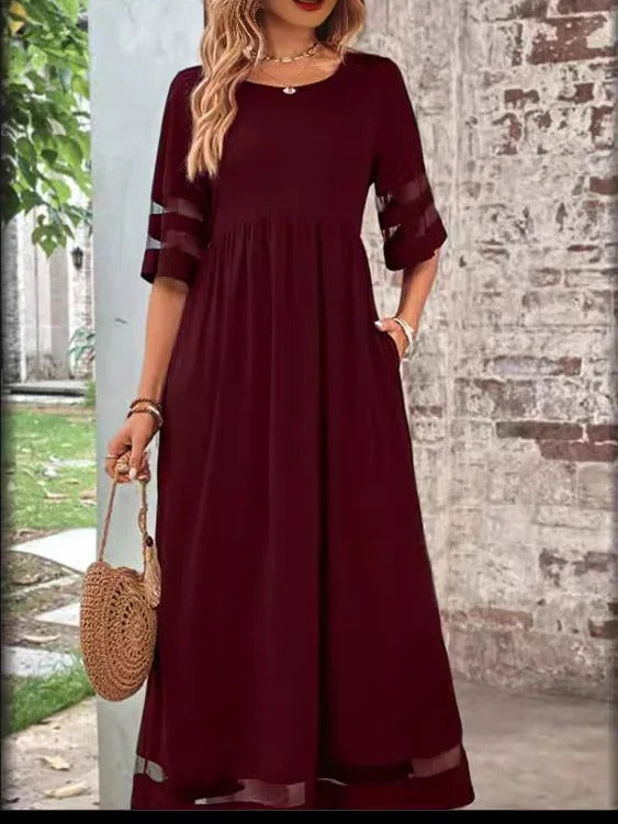 Vestido casual largo liso con cuello redondo y manga corta — foto 2