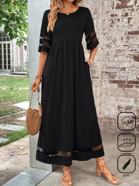 Vestido casual largo liso con cuello redondo y manga corta