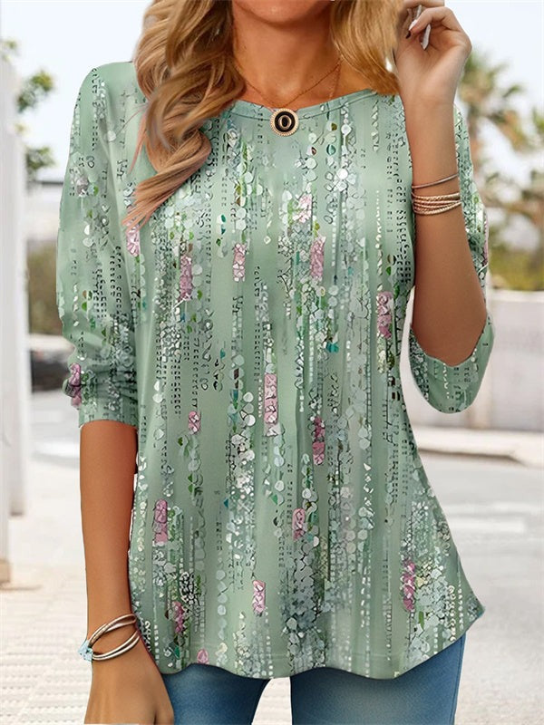 Blusa casual de flores con cuello redondo y manga larga
