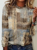 Camisa casual geométrica con cuello redondo y manga larga