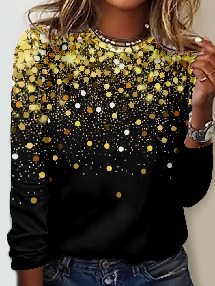 Blusa casual con brillos con cuello redondo y manga larga