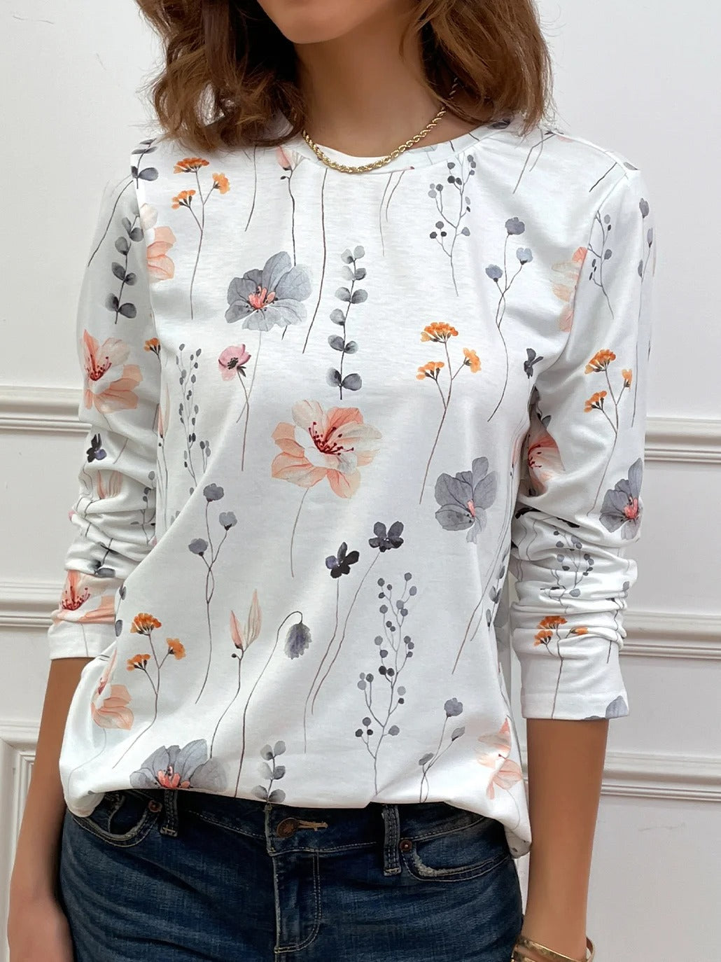 Blusa casual holgada de flores con cuello redondo y manga larga — foto 5
