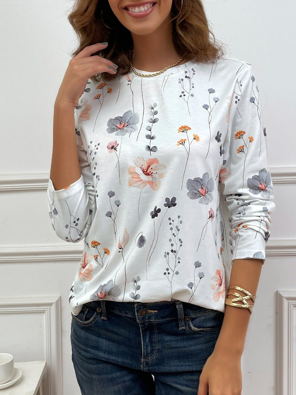 Blusa casual holgada de flores con cuello redondo y manga larga — foto 6