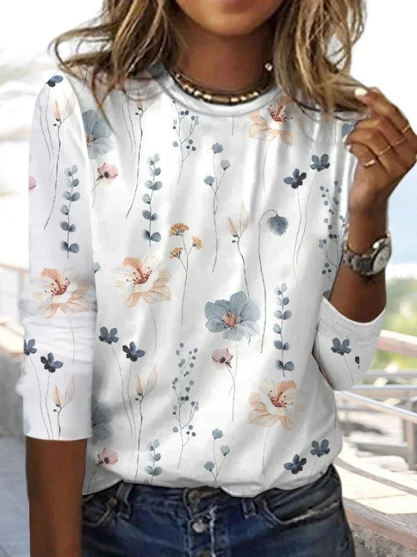 Blusa casual holgada de flores con cuello redondo y manga larga