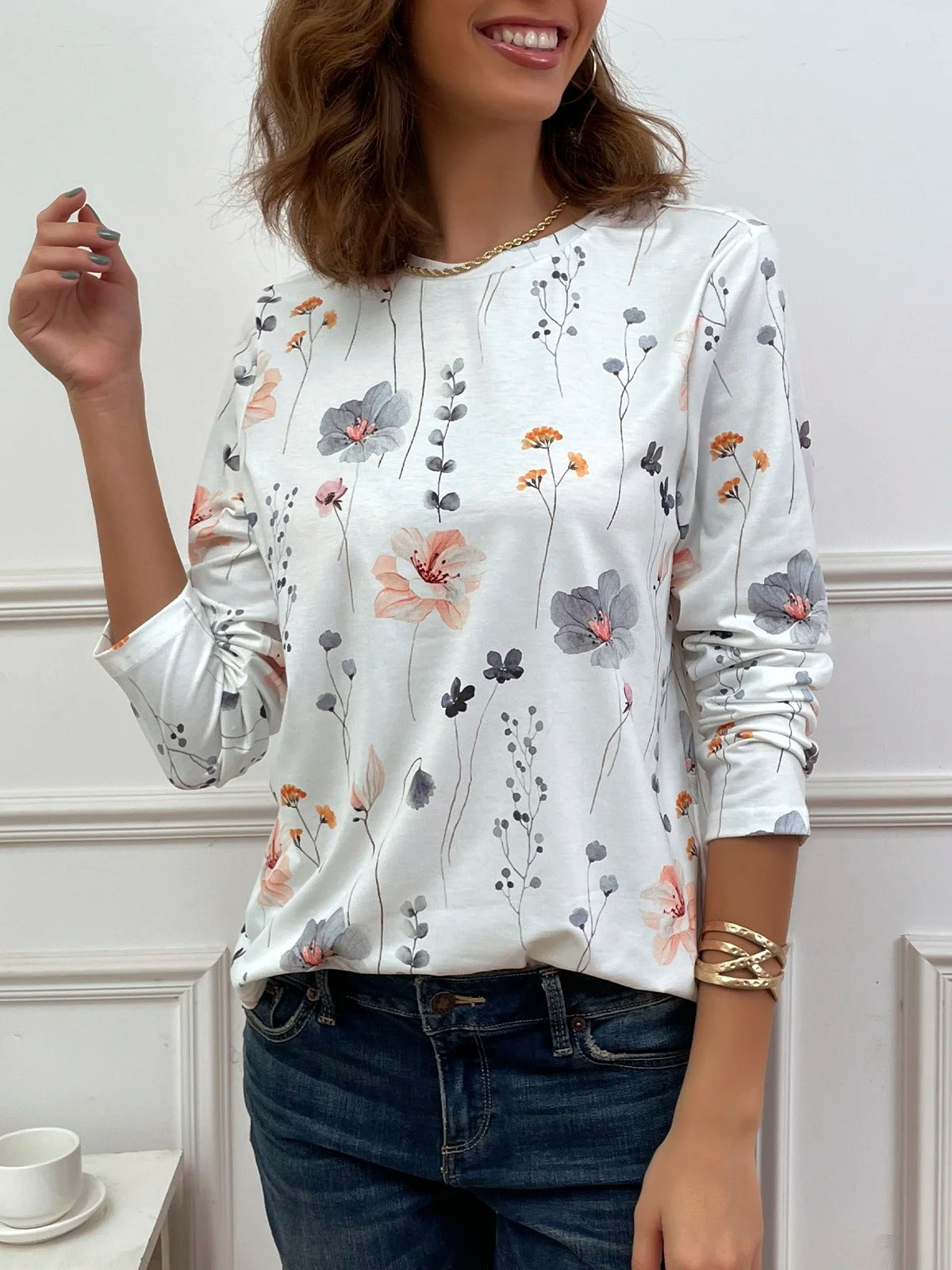 Blusa casual holgada de flores con cuello redondo y manga larga — foto 7