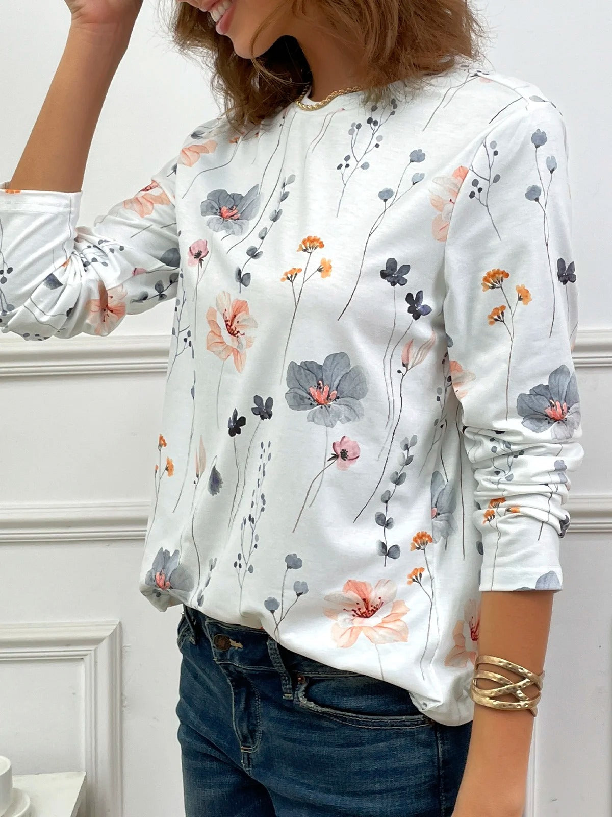 Blusa casual holgada de flores con cuello redondo y manga larga — foto 8