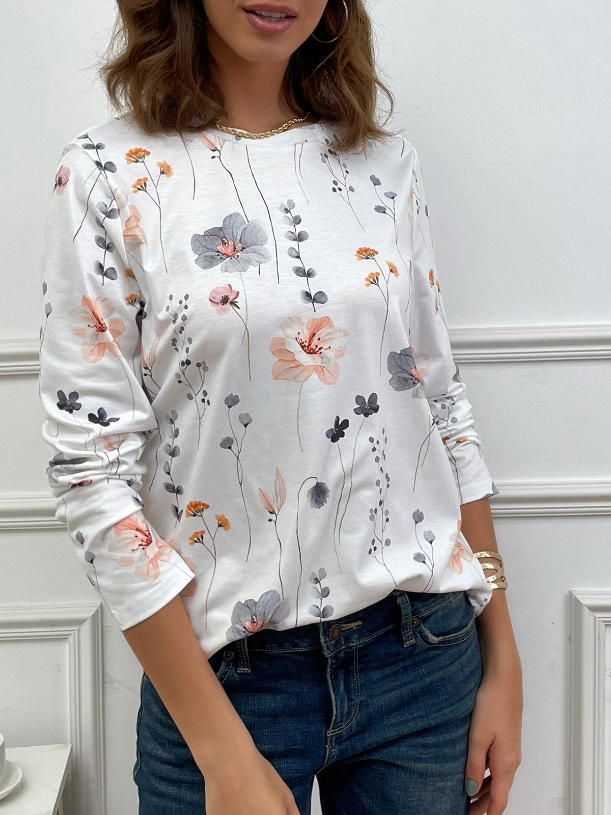 Blusa casual holgada de flores con cuello redondo y manga larga — foto 9