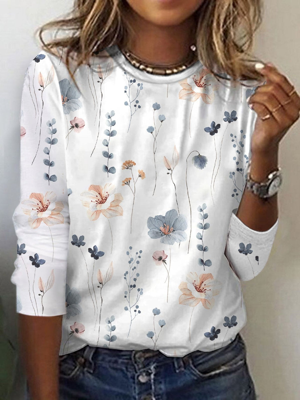 Blusa casual holgada de flores con cuello redondo y manga larga — foto 4