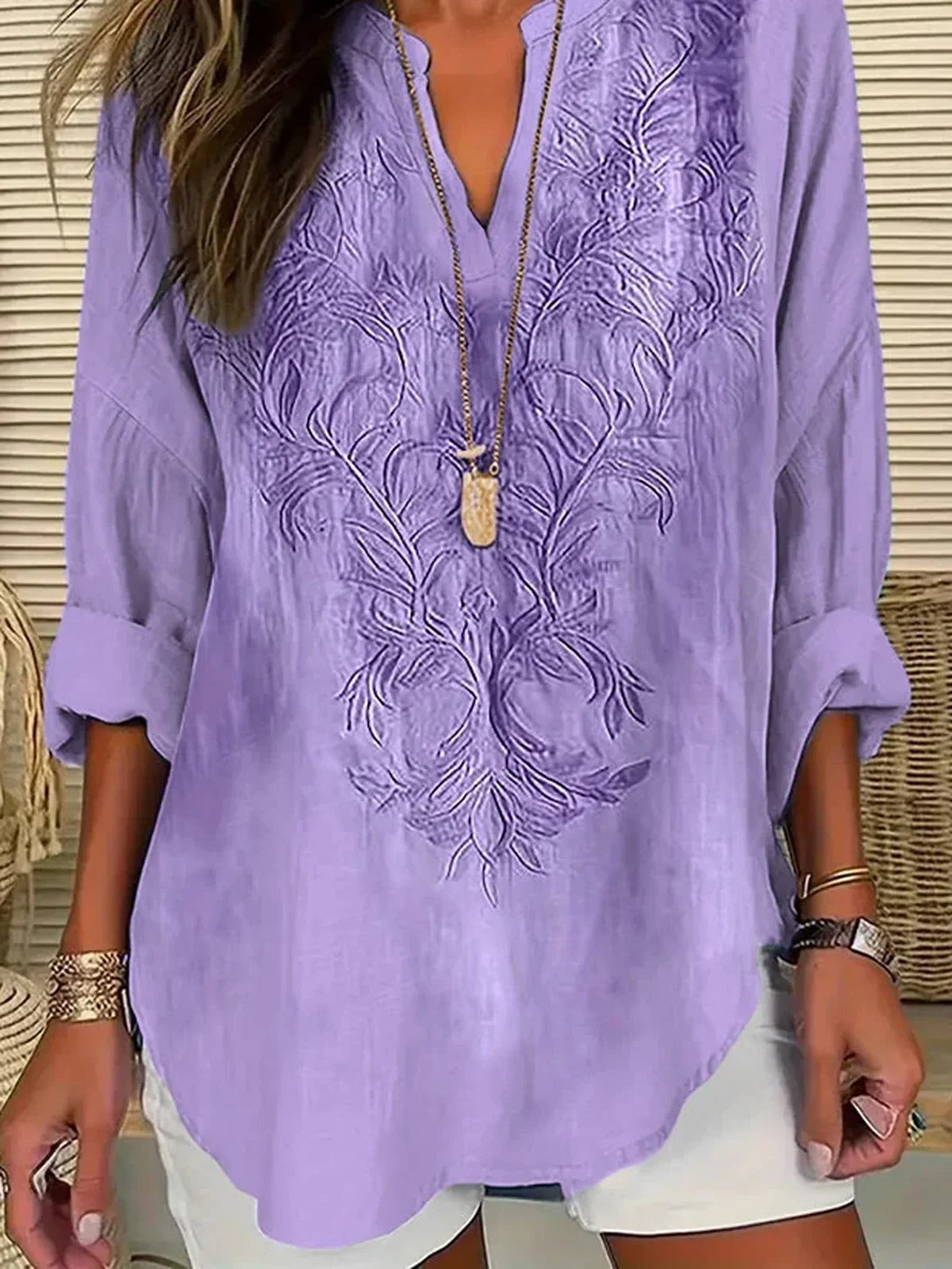 Camisa casual de flores con escote en pico y manga larga — foto 2