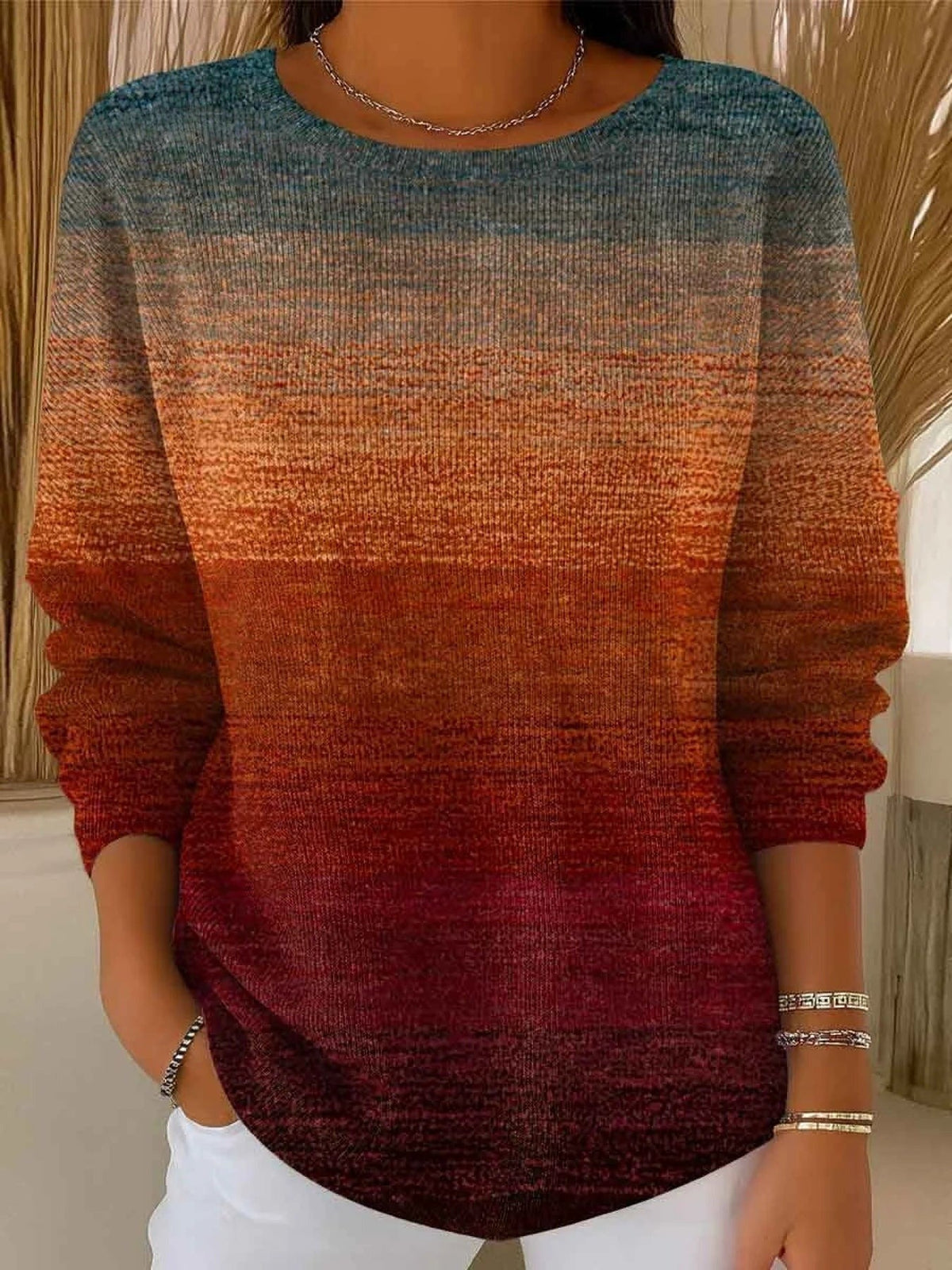 Jersey cómodo degradado con cuello redondo y manga larga