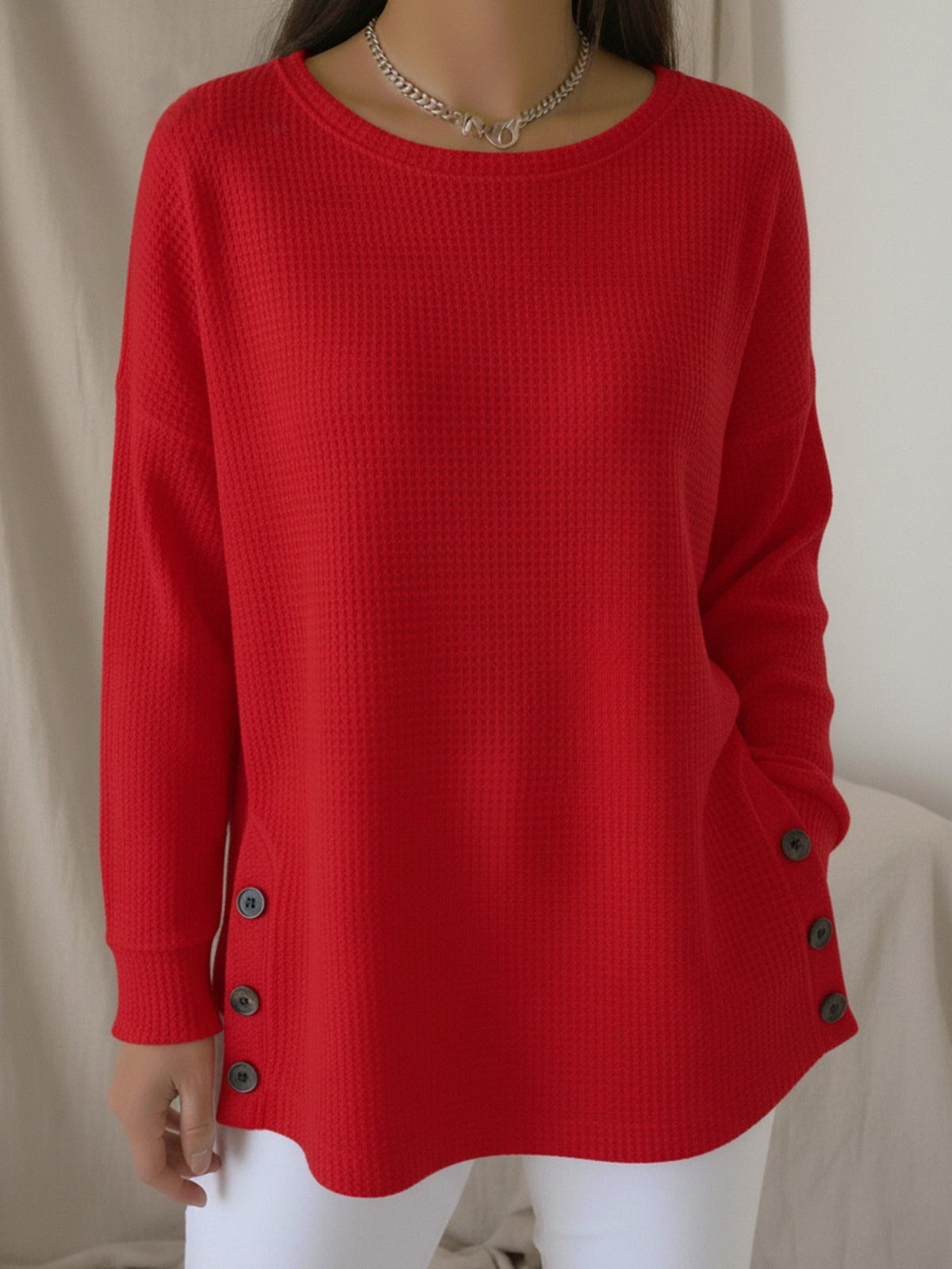 Sudadera casual de tejido gofre con cuello redondo, botones y abertura