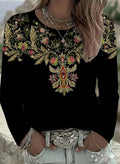 Camisa casual holgada de flores con cuello redondo y manga larga