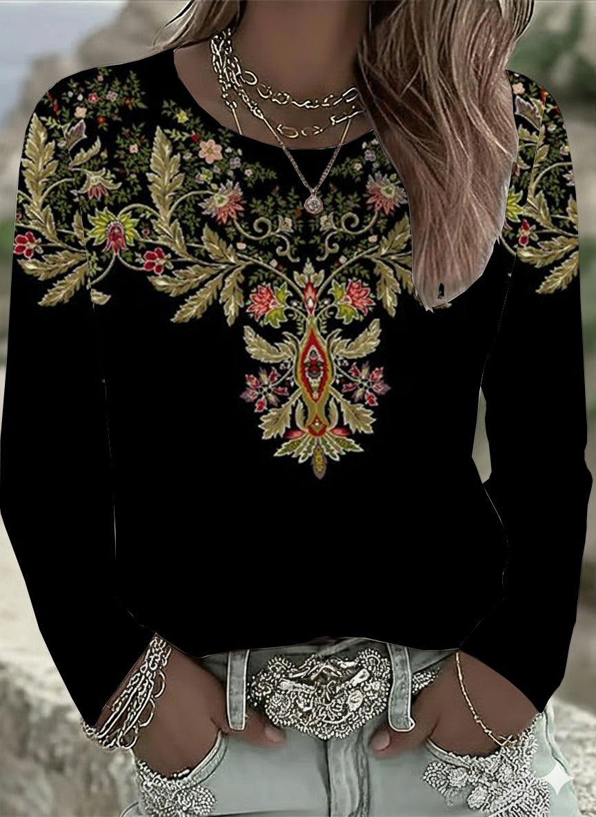 Camisa casual holgada de flores con cuello redondo y manga larga