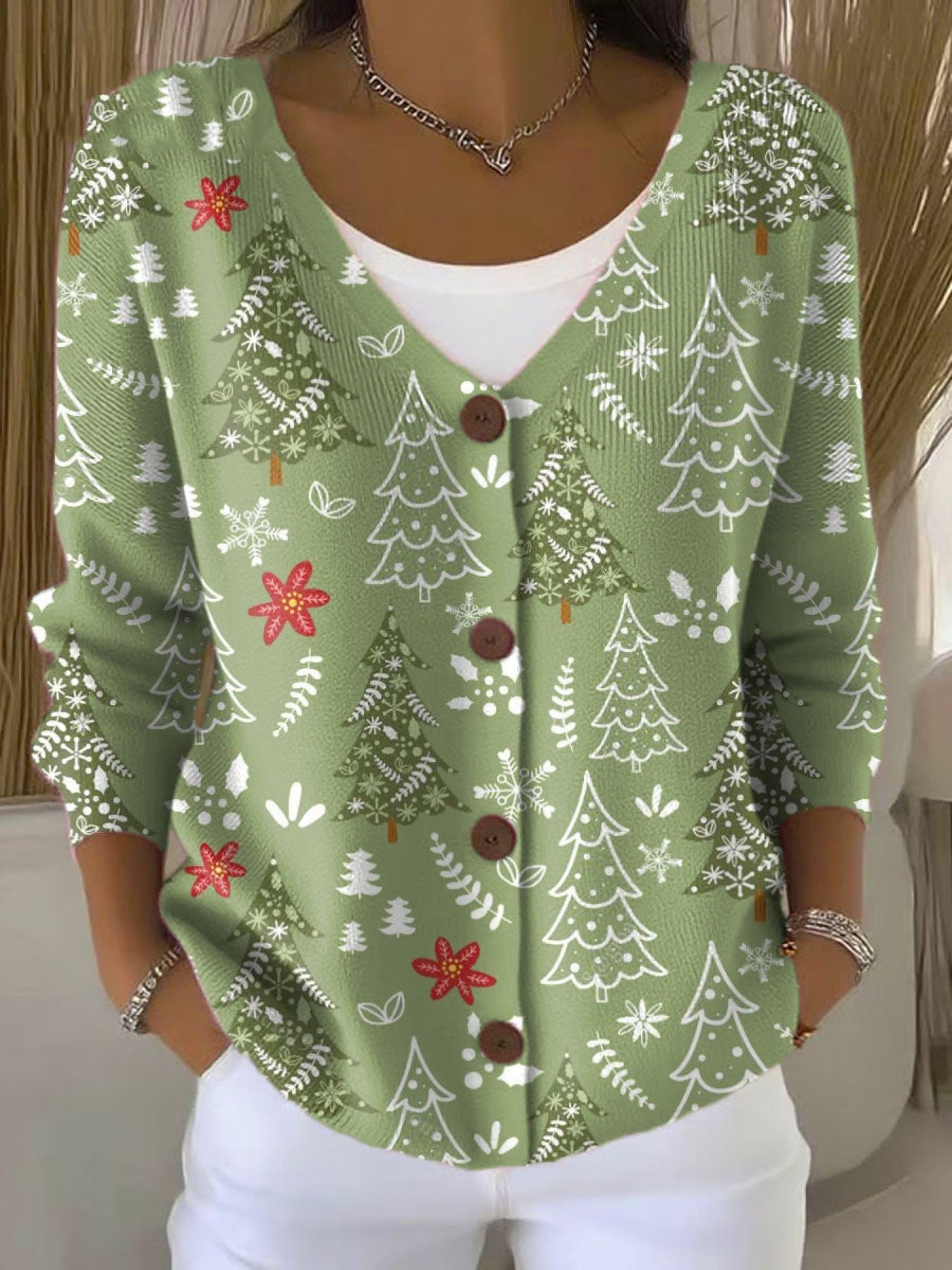 Jersey de árboles de Navidad con escote en pico y botones