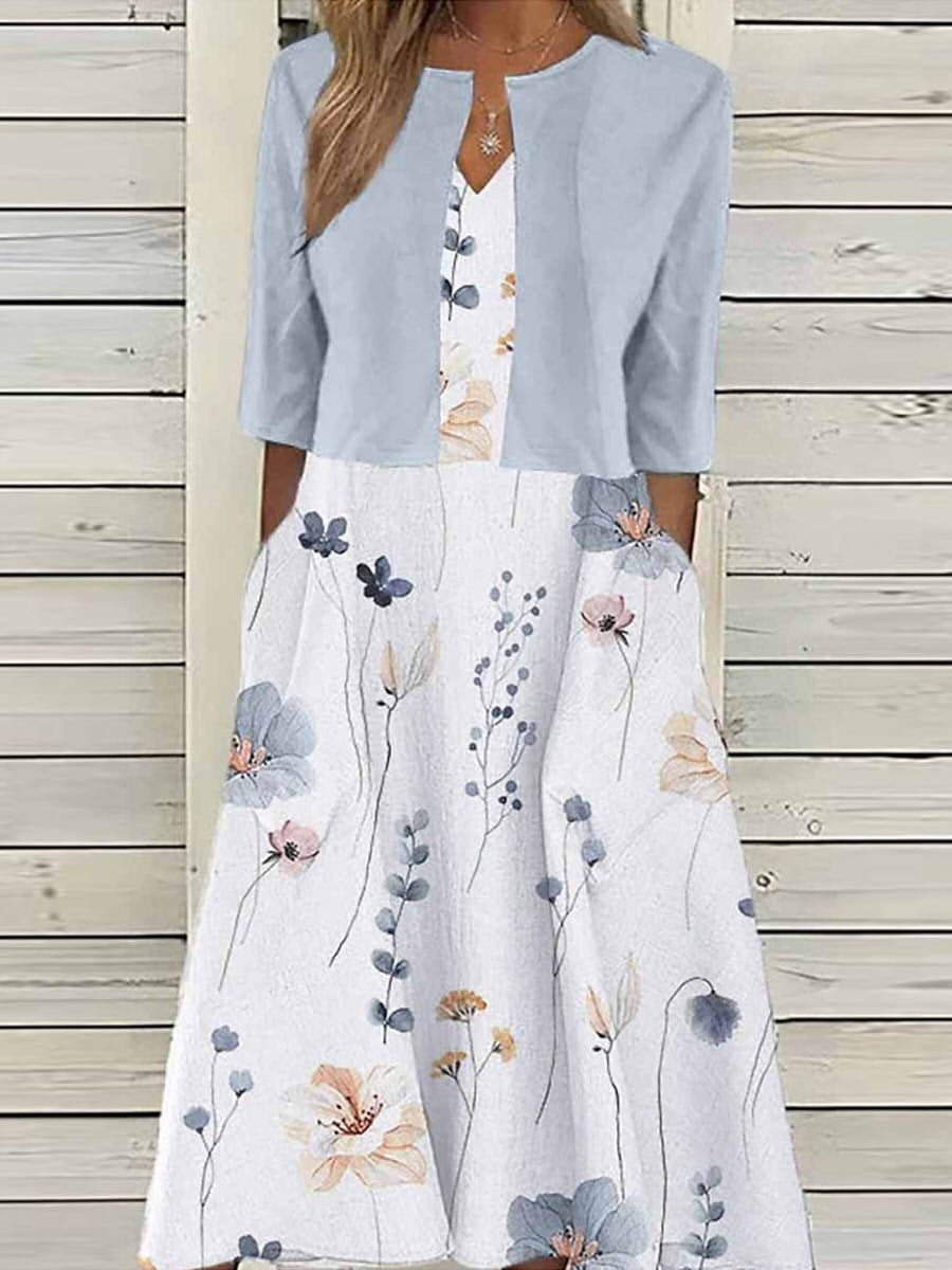 Vestido midi de dos piezas de flores con escote en pico y manga francesa