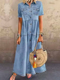 Vestido largo vaquero con cuello camisero, manga corta y bolsillos