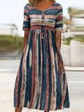 Vestido casual midi de rayas con cuello redondo y manga corta