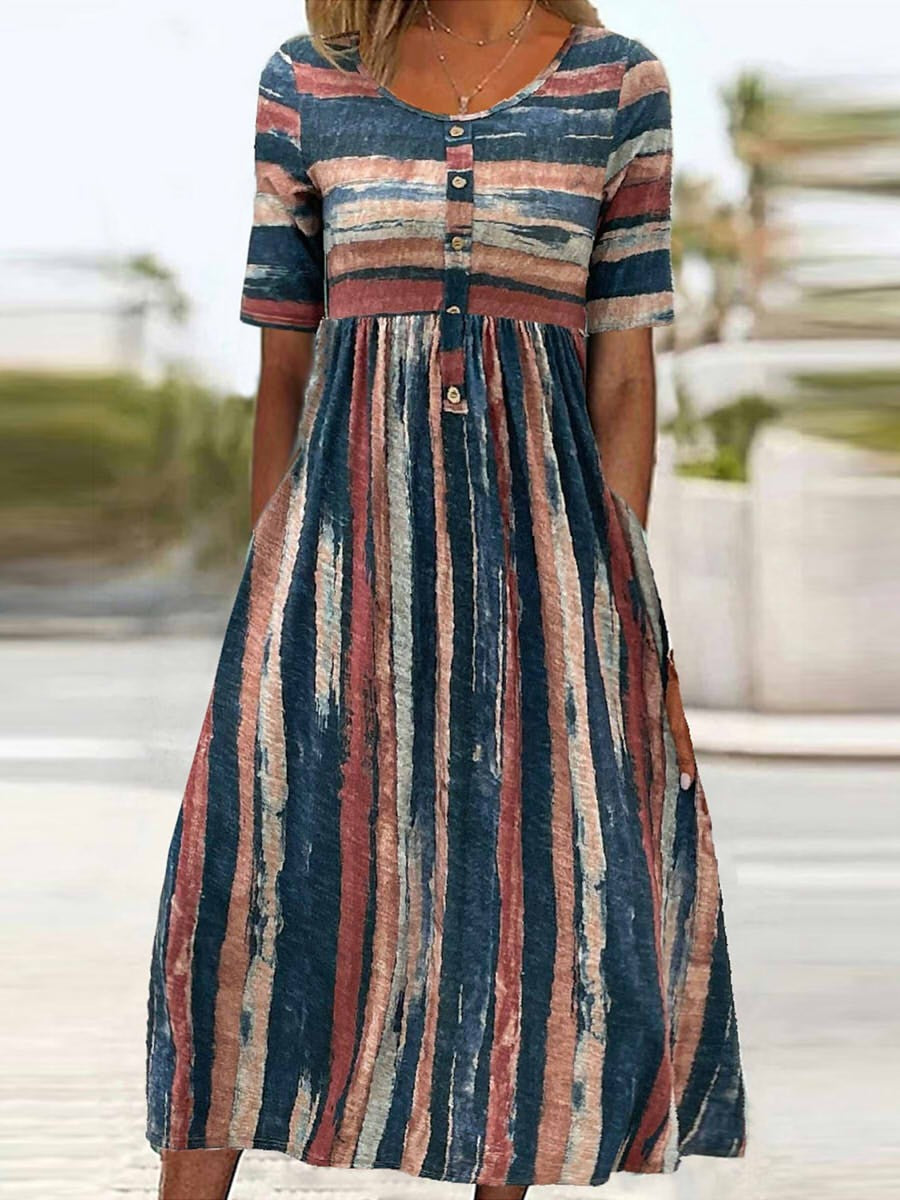 Vestido casual midi de rayas con cuello redondo y manga corta