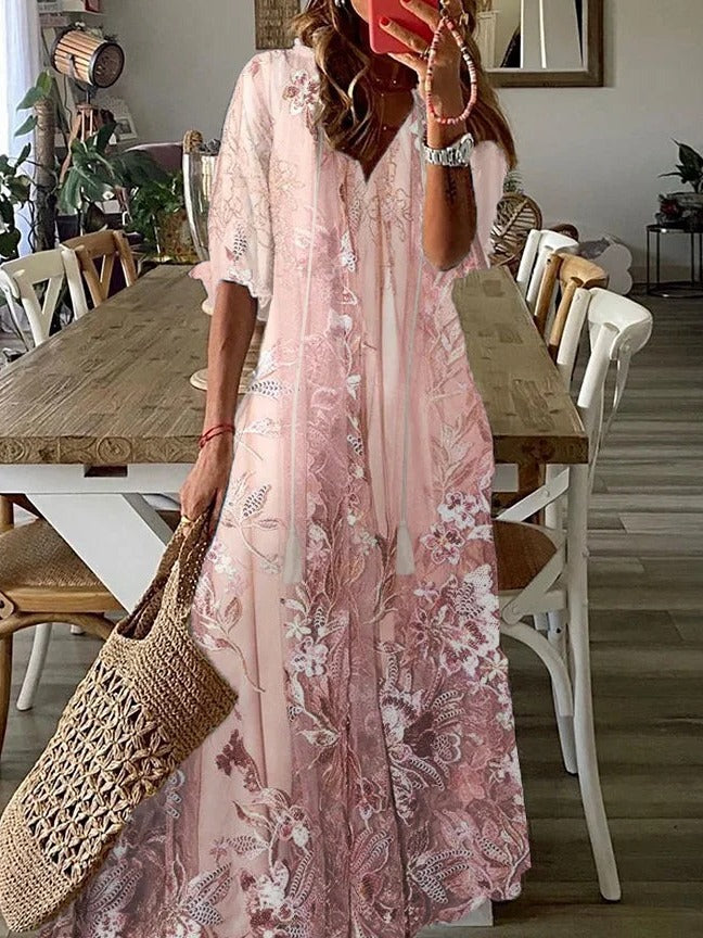 Vestido largo holgado de flores con escote en pico y manga francesa — foto 2