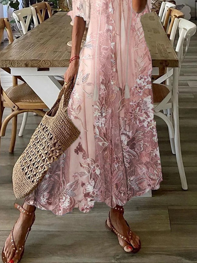 Vestido largo holgado de flores con escote en pico y manga francesa — foto 3