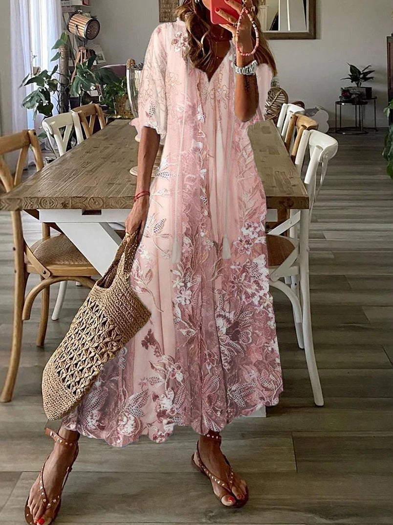 Vestido largo holgado de flores con escote en pico y manga francesa