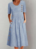 Vestido casual midi de rayas con cuello redondo, manga corta y hebilla