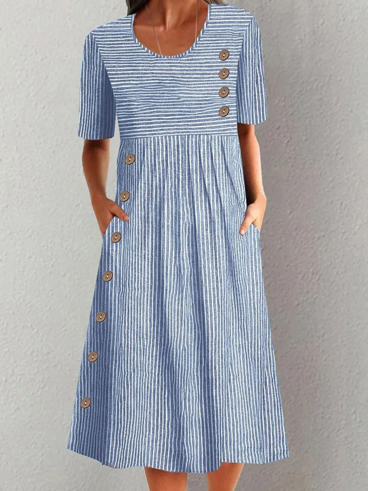Vestido casual midi de rayas con cuello redondo, manga corta y hebilla