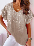 Camisa casual de flores de lino con escote en pico y manga corta