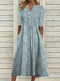 Vestido midi holgado de flores con escote en pico y manga francesa