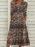 Vestido midi étnico con escote en pico y manga francesa
