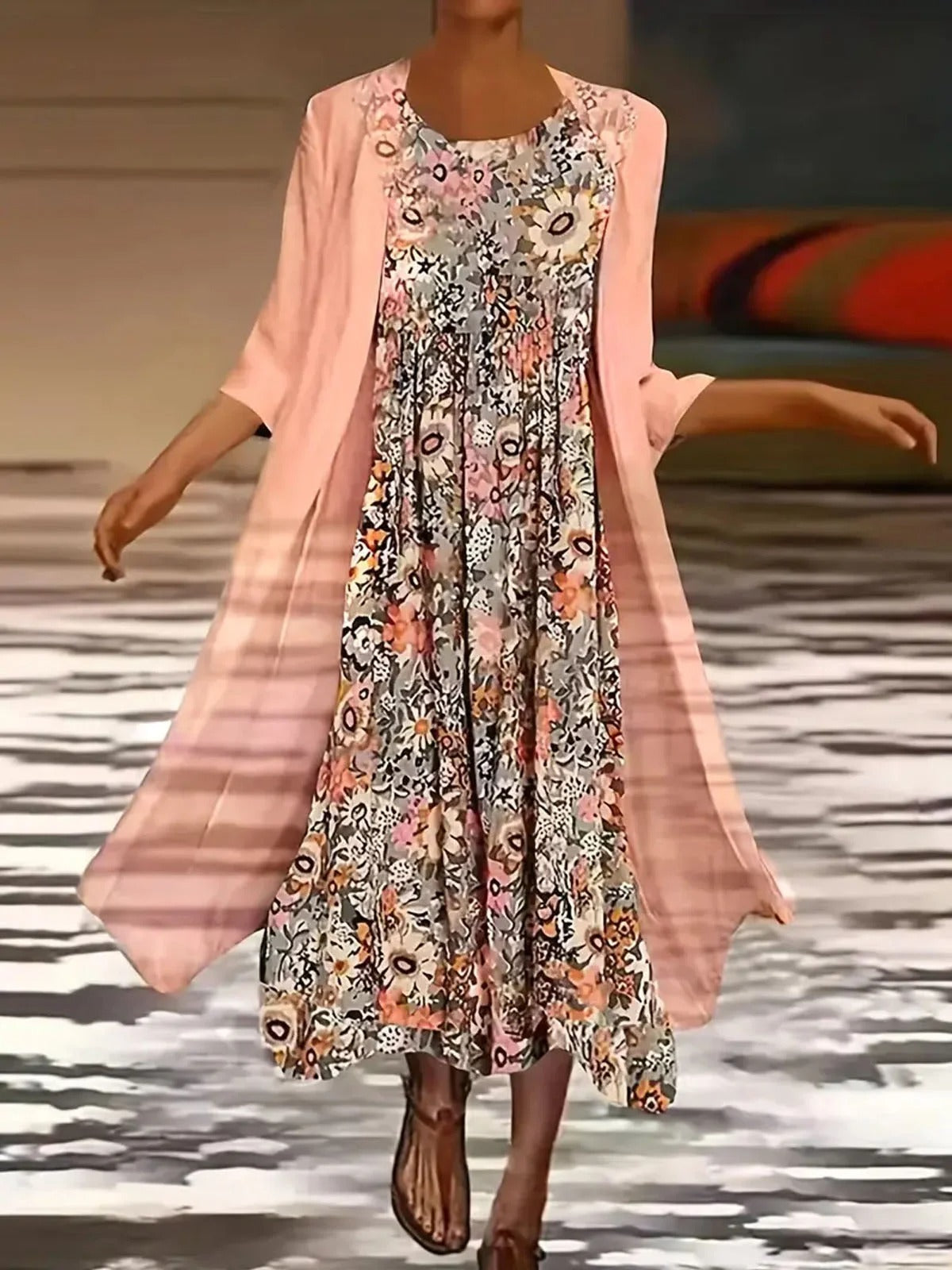 Vestido casual de dos piezas holgado de flores con cuello redondo