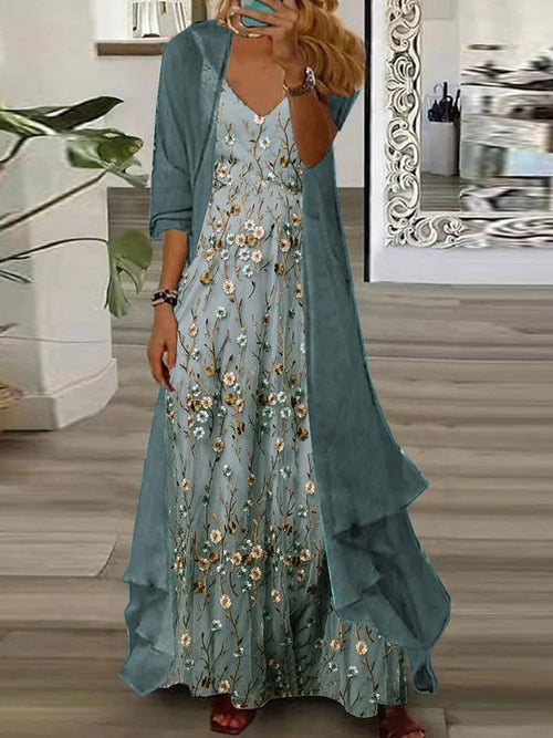 Abrigo de flores con escote en pico y conjunto de dos piezas a juego · Alena