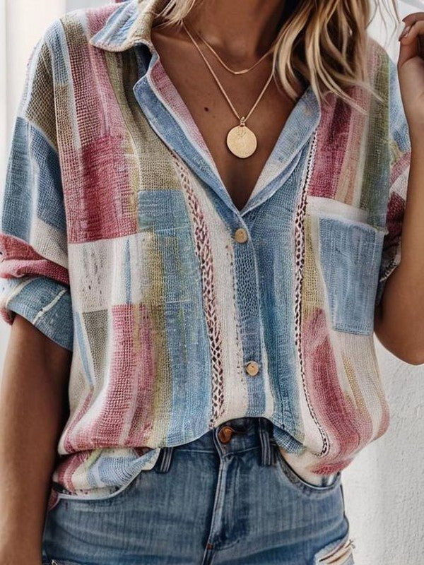 Blusa holgada bicolor con cuello camisero y manga corta