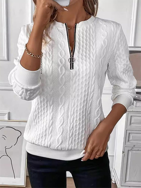 Sudadera casual lisa con cuello redondo y cremallera