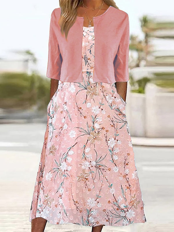 Vestido midi de dos piezas de flores con cuello redondo y manga francesa · Aria — foto 2