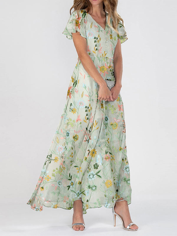 Vestido largo de flores con escote en pico, manga corta y volantes