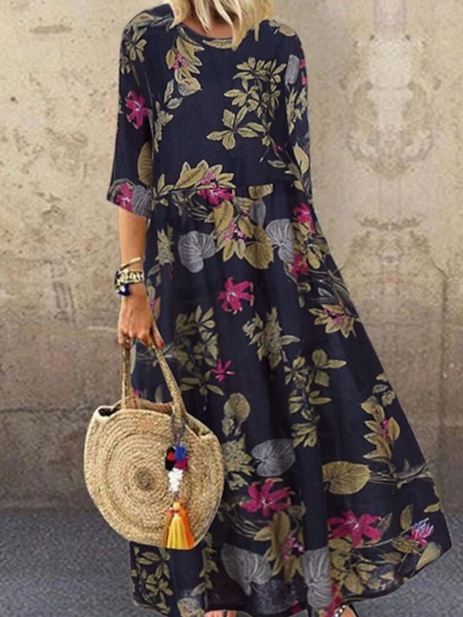 Vestido largo de flores con cuello redondo y manga francesa