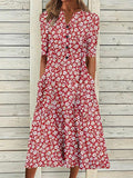 Vestido casual midi de flores rojo con escote en pico y manga francesa