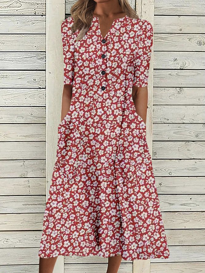 Vestido casual midi de flores rojo con escote en pico y manga francesa