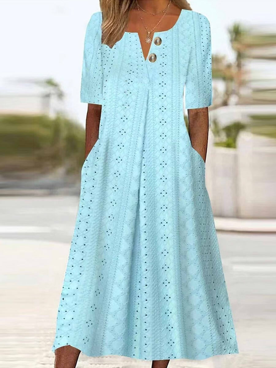 Vestido midi liso con escote cuadrado, manga corta y detalle calado