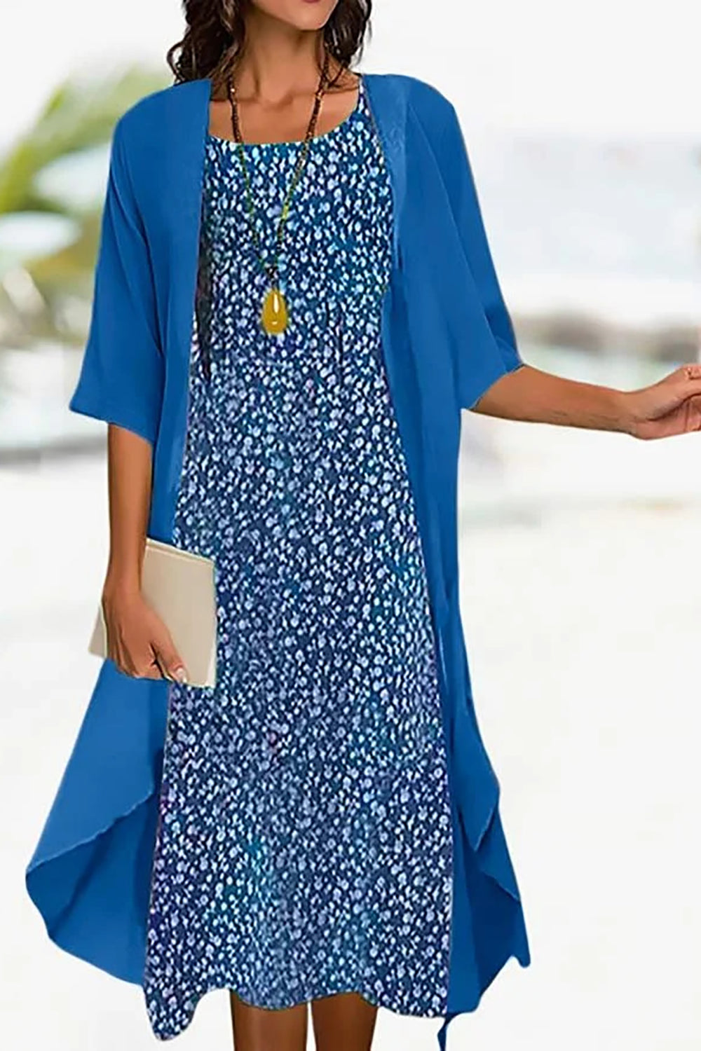 Vestido de playa de dos piezas holgado de flores con cuello redondo