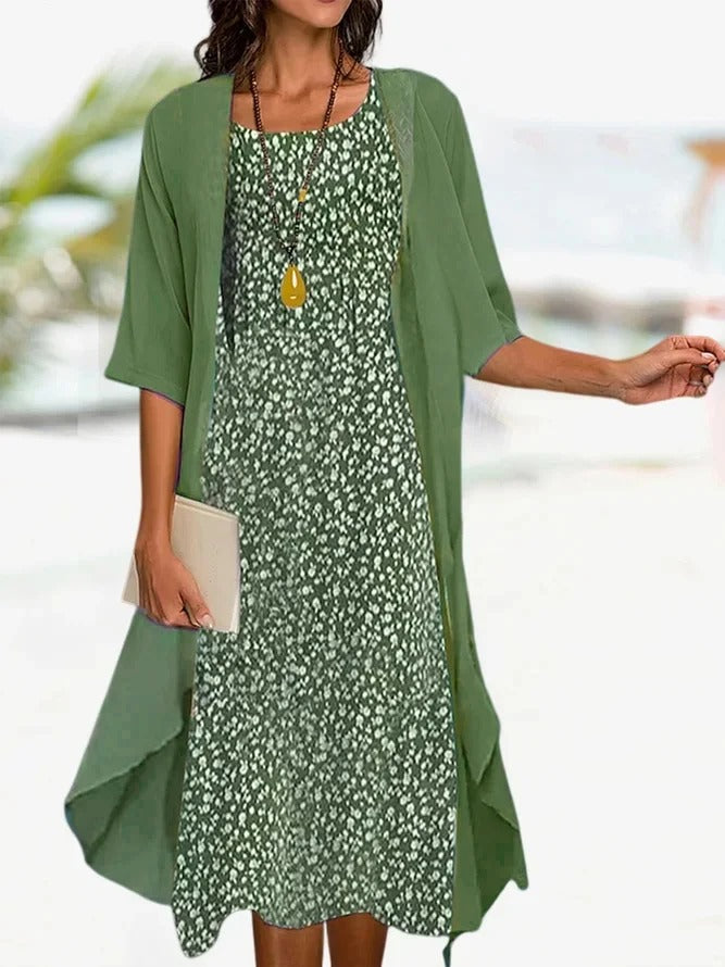 Vestido de playa de dos piezas holgado de flores con cuello redondo