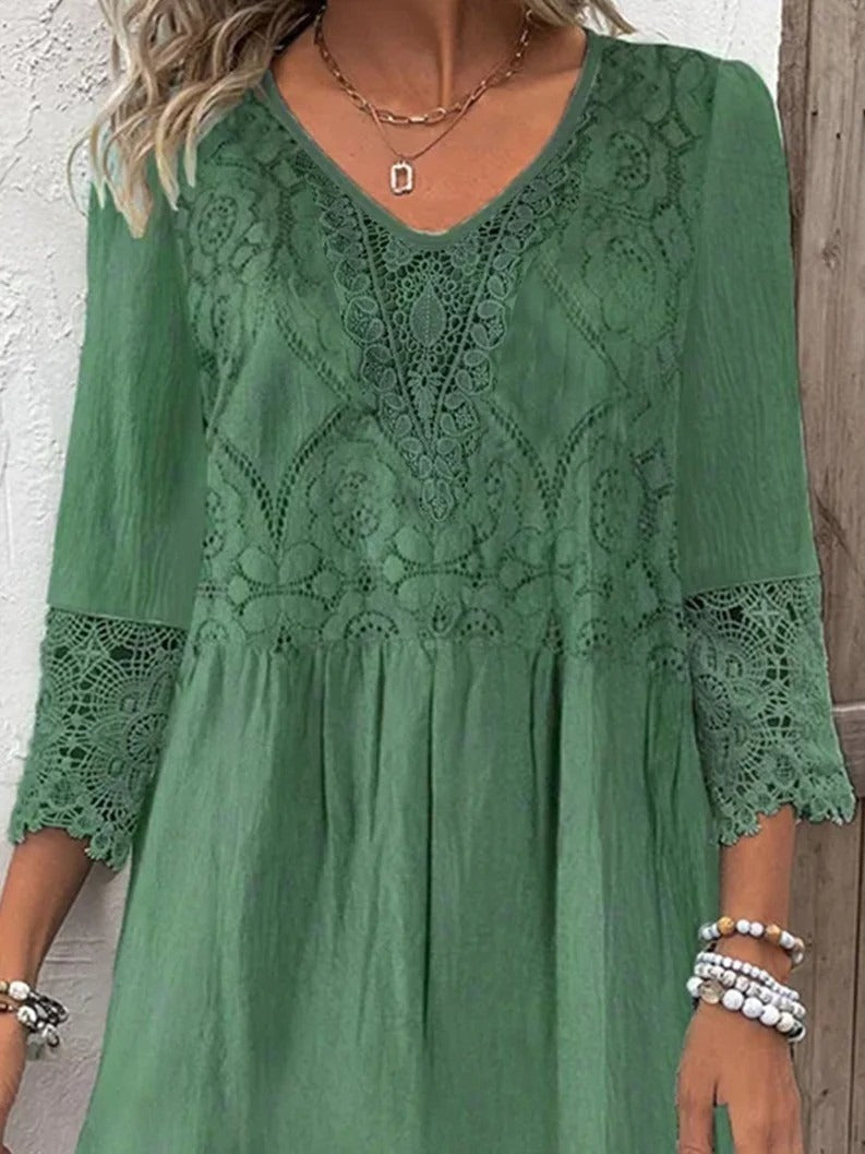 Vestido casual midi holgado liso de encaje con manga tres cuartos — foto 3