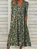Vestido casual midi de flores tejido con escote en pico y manga corta