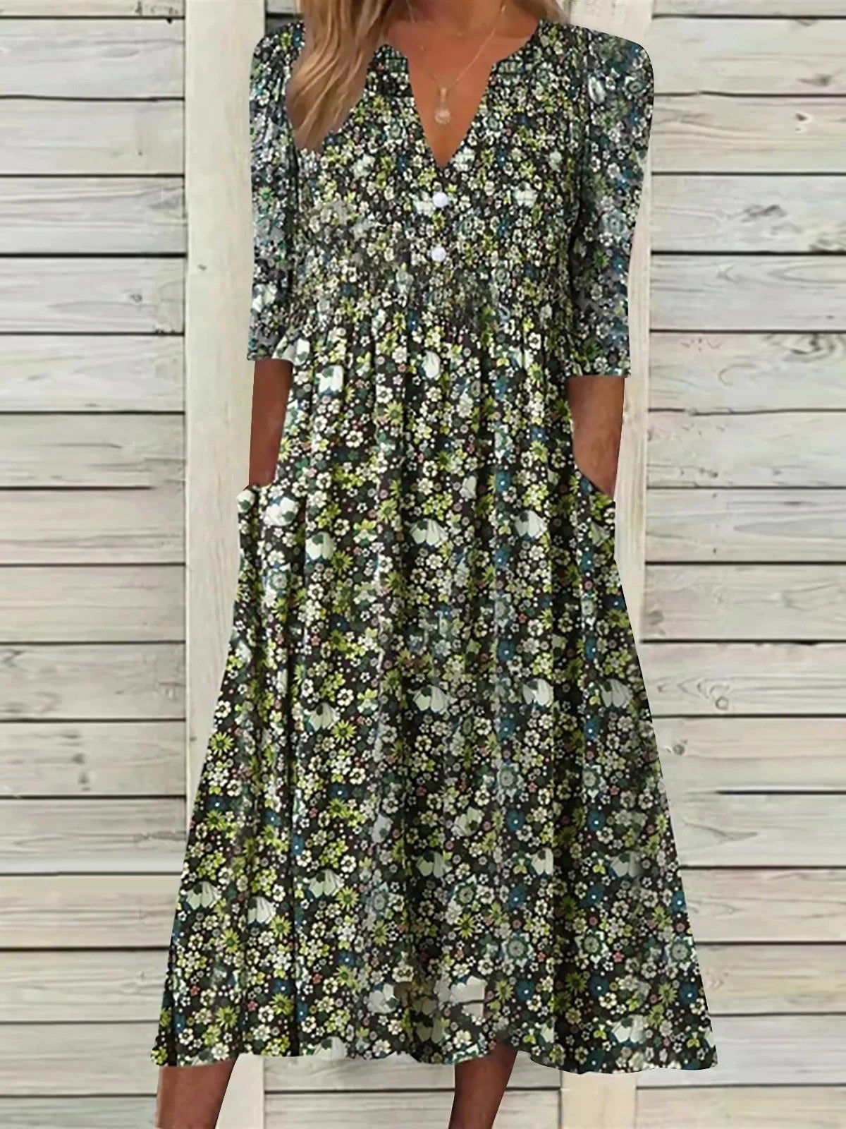 Vestido casual midi de flores tejido con escote en pico y manga corta