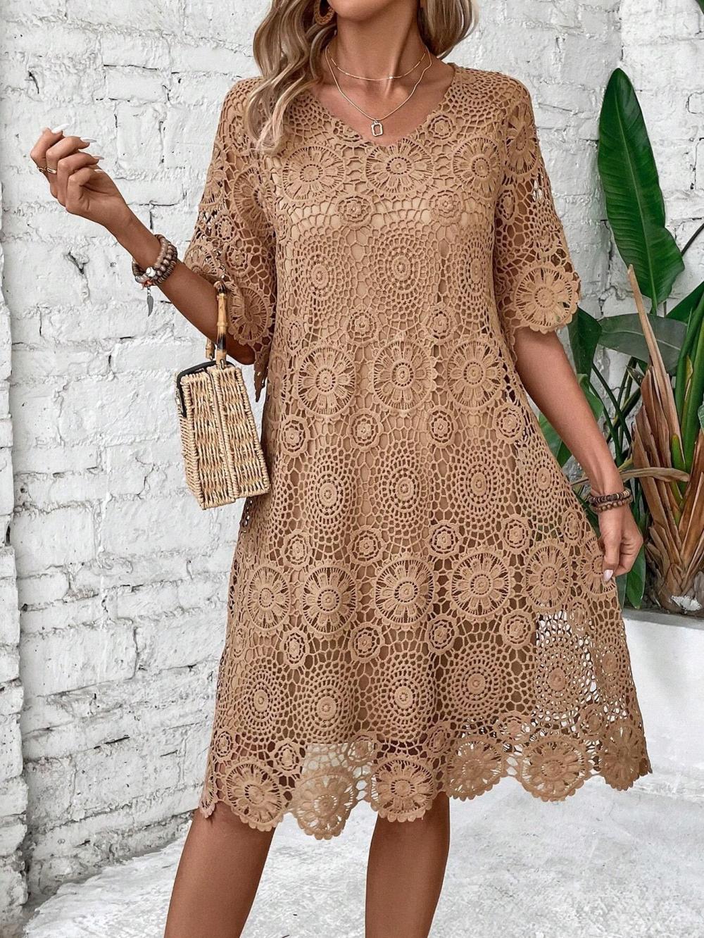 Vestido casual liso de encaje con cuello redondo y manga corta — foto 3