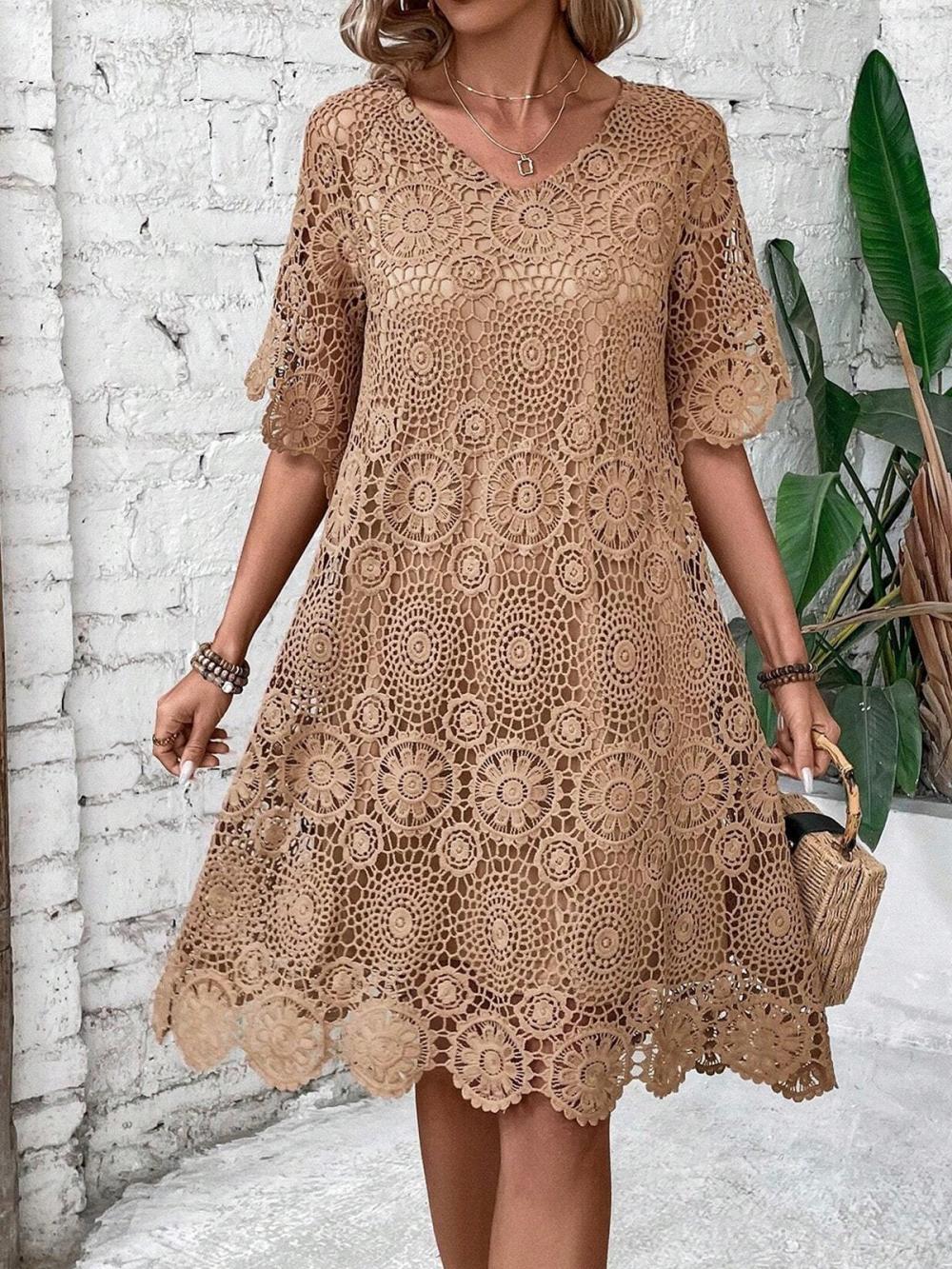 Vestido casual liso de encaje con cuello redondo y manga corta