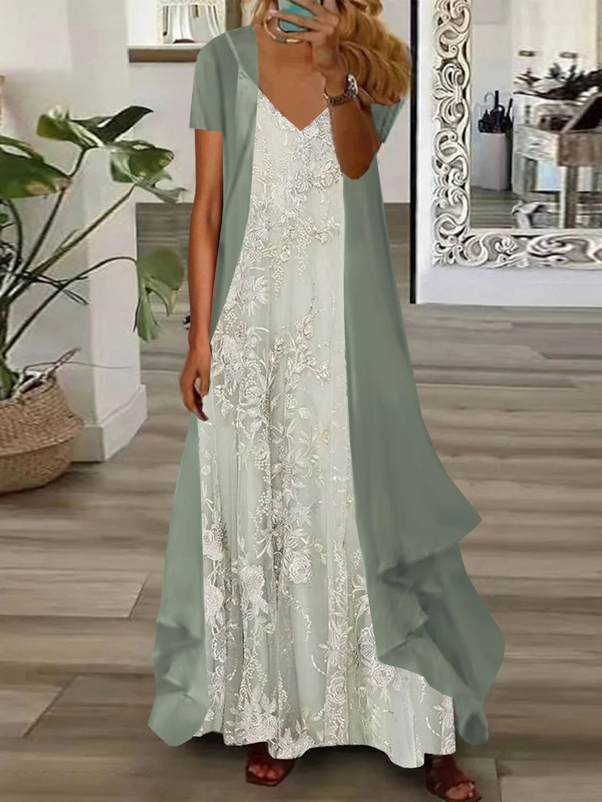 Vestido de dos piezas holgado de flores con escote en pico y manga corta