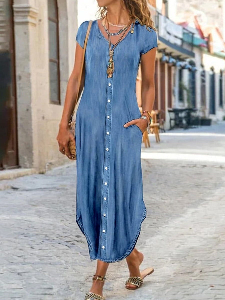 Vestido largo con escote corazón, manga corta y bolsillos